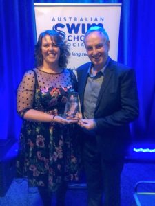 JUMP! Swim Schools Hackham owners Sharyn and Geoff Loller accept the Australian Swim Schools Association inaugural Inclusive Swimming Award.